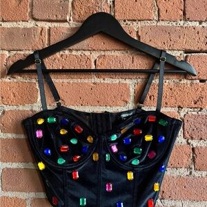 Dolls Kill Black Crop Top with Colorful Gem Accents